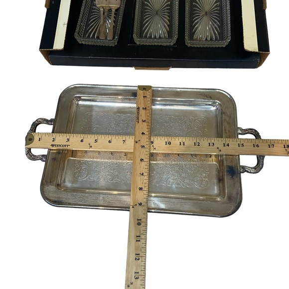 Vtg Leonard 7pc Silverplate Relish Serving Tray Glass Dishes Forks MIB - Picture 5 of 16